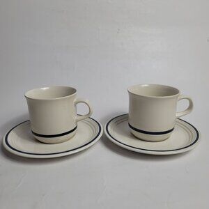 TWO Town and Country Shoreline Cup and Saucer Sets White Blue Trim